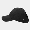 Side view of black ponytail baseball cap with quick-dry fabric and metal buckle detail - Adjustable / Black