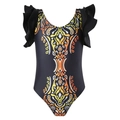 Girls' black one-piece swimsuit with ethnic print and ruffled shoulder details - 104 / Black
