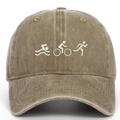 Close-up of triathlon embroidery on brown washed cotton vintage baseball cap with curved brim - Adjustable / Khaki