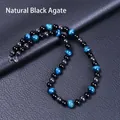 Blue tiger eye and black agate beaded necklace with hematite and silver lobster clasp - Blue Tiger Eye + Hematite + Black Agate