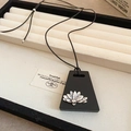 Vintage necklace with silver lotus pendant on black base and adjustable leather cord - 44# Necklace - Silver-Black-Flower
