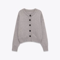 Minimalist light grey round neck knitted cardigan with contrast black buttons - S / Gray
