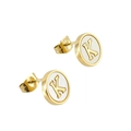 Minimalist gold stainless steel stud earrings featuring white circular letter K design - Letter K / Gold