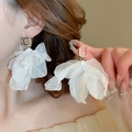 Romantic white organza flower earrings with transparent square crystal stud on ear - White Organza Square Crystal (45#)