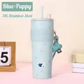 Sky blue 316 stainless steel insulated tumbler with dog pattern and matching straw - UV Blue Puppy With Pendant