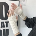 Guantes de punto sin dedos beige para hombre y mujer, calentadores de muñeca suaves de invierno - Blanco