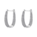 Close-up of silver-tone oval hoop earrings with pavé set white cubic zirconia stones - Micro-pave Zircon U-shape Earring / Silver