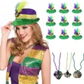 Ensemble d'accessoires Mardi Gras avec gilet à paillettes, chapeau fedora et colliers - Taille unique / Style de remarque de l'ensemble de carnaval amélioré