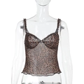 Close-up of leopard print sheer mesh camisole featuring delicate ruffled lettuce edges - XS / Brown and Yellow Leopard