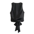 Elegante top de satén negro sin espalda con detalle de lazo grande y sin mangas - S / Negro