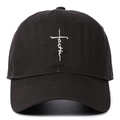 Close-up of white faith and cross embroidery on black cotton canvas baseball cap - Adjustable / Dark Gray
