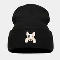 Close-up of a black ribbed beanie featuring a detailed white bull terrier dog embroidery - Bull Terrier - Black