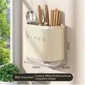 Wall-mounted cream white utensil holder with drainage tray for chopsticks and spoons - Multi-functional Chopstick Box / Milk White