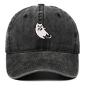 Vintage washed charcoal cotton baseball cap with a white cartoon cat embroidery detail - Black