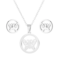Silver stainless steel jewelry set with hollow butterfly pendant necklace and stud earrings - 030 Round Hollow Butterfly - Silver