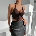 Deep brown halter neck rib-knit crop top with front bow-tie and black PU leather skirt - S / Brown