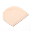 Close-up of fine plain knit texture and ribbed cuff on a solid pastel pink beanie hat - Off White