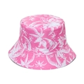 Detailed view of the bright pink bucket hat featuring white palm tree leaf print - M (56-58cm) / Pink