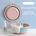 Faltbares Waschbecken in Rosa und Mintgrün, zeigt Wandmontage und die 38 cm entfaltete Form - Extra groß / Rosa