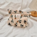 Plush makeup bag in beige with dark green and brown patterns on soft fabric - Floral Beige