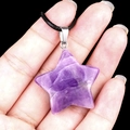 Natural purple amethyst star necklace with black leather cord and metal clasp - 30mm Amethyst