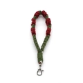 Handmade woven flower wristband keychain with red and green cotton cord and silver clasp - Wristband Style / Antique Bronze Keychain / Rose Red