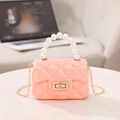 Pink mini jelly bag with pearl handle, diamond lattice pattern and gold chain strap - Pink
