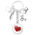 Nurse and doctor metal keychain with heart, stethoscope, and medical charms in silver - Blue Stethoscope Heart