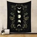 Arazzo bohémien nero con fasi lunari e foglie verdi per decorazione murale casa - 73X95CM / Fasi lunari e Foglie (Tessuto spazzolato)
