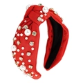 Elegant red fabric knotted headband with white pearls and sparkling rhinestones - 1# Red (Pearl Rhinestone Decor)