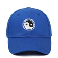 Macro detail of Tai Chi embroidery and Swimming text on blue cotton baseball cap - Adjustable / Sapphire Blue