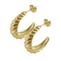 Golden 18K stainless steel C-shaped hoop earrings with twisted spiral texture design - Gold
