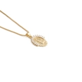 Macro detail of gold-plated Our Lady of Guadalupe pendant with micro-pave crystals - Virgin Mary Side View-C0254DL