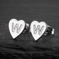 Minimalist silver stainless steel heart stud earrings with letter W engraving - Letter W / Steel