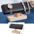 Velvet jewelry display stand with black PU cushion and wooden base for watches and bracelets - Wooden Bracelet Stand Black Leather