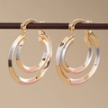 Pendientes de doble aro en tres tonos oro, plata y oro rosa con cierre de bisagra seguro - E4509 Pendientes de Aro Paralelos Dobles en Tres Colores