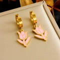 Golden tulip earrings with pink enamel flower pendants displayed in a soft jewelry box - Pink Tulip Earrings (E6174)