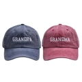 Detail of navy GRANDPA and wine red GRANDMA embroidered washed cotton baseball caps - GRANDPA & GRANDMA (2 Pcs Set) / Navy Blue and Wine Red