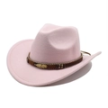Pink wool cowboy hat detail with brown braided band, gold feather charm and beads - M (56-58cm) / Pink