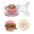 Pink and white plush powder puffs with glitter bows and ribbed glass storage jar - 1 Glitter + 1 Beige (In Glass Jar)