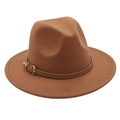 Detail of brown fedora wool felt hat featuring a leather strap with heart metal buckle - M (56-58cm) / Khaki (Heart Buckle Belt)