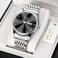 Men's business quartz watch with black sunray dial, silver steel strap and double calendar - Silver Steel Case Black Dial