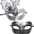 Masquerade butterfly mask set with sparkling rhinestones and glitter filigree designs - Silver Couple Butterfly Mask And Half Face Mask