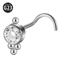 Silver G23 solid titanium L-shaped nose stud with round zircon and three bead accents - Round Stone With Three Small Beads (Style 10 5-Shaped) / 0.8x7mm