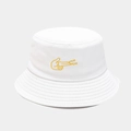 Detail of white cotton bucket hat with yellow Pew Pew gesture embroidery and stitched brim - White