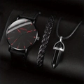 Men's minimalist watch set with black leather strap watch, woven bracelet, and stone necklace - Watch+Bracelet+Necklace / Black and Red Set