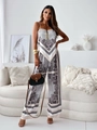 Detail of bohemian paisley print top and wide-leg pants set in smooth satin fabric - S / Top And Bottom / Apricot Coffee