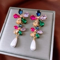 Vintage 18k gold plated flower earrings with colorful crystals and teardrop pearls - Gold Multicolor (S925 Silver Pin)