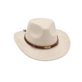 Beige faux suede fedora with brown woven band and gold feather accent in western style - One Size / Beige