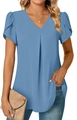 Detail of blue V-neck chiffon blouse featuring flutter sleeves and front pleat texture - S / Blue